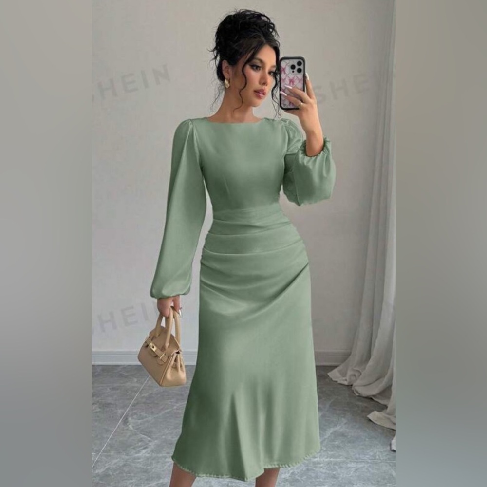 Sea Green MIDI length Dress 
Satin Fabric from SHEIN
Long sleeves